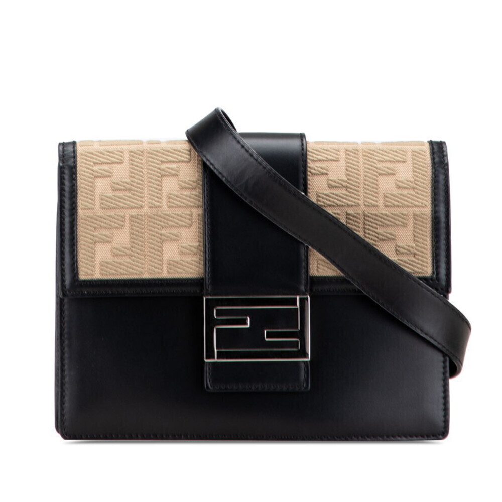 Fendi Zucca Flat Baguette Crossbody Shoulder Bag Black Beige Leather Canvas